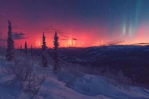 Majestic aurora borealis illuminating snowy mountain landscape at twilight photo