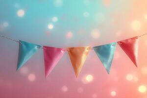 Colorful party flags hanging on string light bokeh background photo