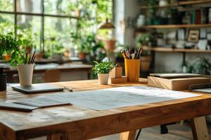 Architect working on architectural plans in a sunny office with plants photo