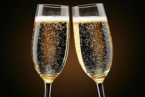 Two champagne flutes filled with sparkling wine creating a festive atmosphere photo