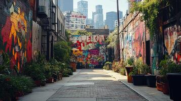 Graffiti alley with lush plants and skyscrapers in background photo