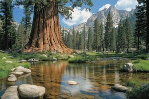 Giant sequoia reflecting in a pristine mountain stream photo
