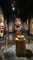 Indigenous masks and artifacts displayed in museum setting photo