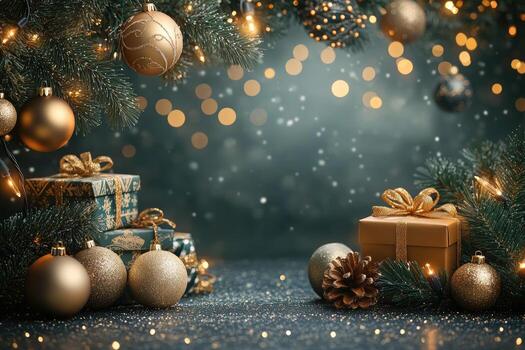 Christmas gifts and ornaments decorating a sparkling surface under christmas tree branches with falling snow photo