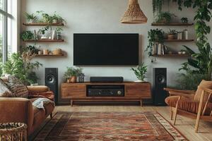 Modern living room with entertainment system and lush plants creating cozy atmosphere photo