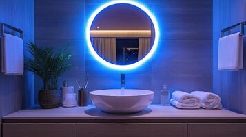 Modern bathroom interior with illuminated mirror and countertop decor photo