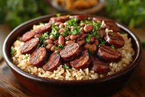 Delicious cajun-style sausage and red beans with rice garnished with parsley photo
