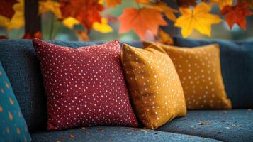 Warm autumn cushions resting on cozy sofa with hanging maple leaves creating seasonal ambiance photo