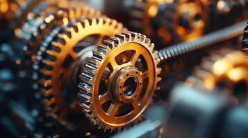 Close-up of interlocking gears rotating smoothly in a complex mechanism photo