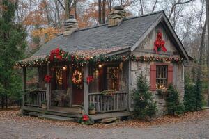 Cozy christmas cabin decorated with festive lights and ornaments in a forest setting photo
