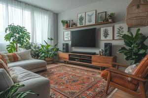 Modern living room decor featuring natural elements and entertainment system photo
