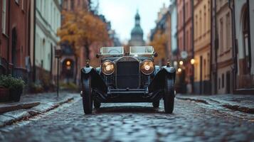 Classic luxury car parked on cobblestone street in charming european old town photo