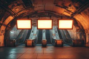 Empty subway station with escalators and illuminated billboards photo