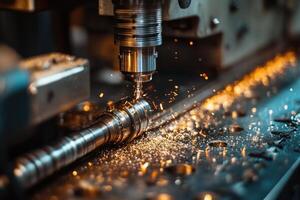 Metalworking cnc milling machine creating metal component in workshop photo
