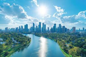 Bangkok cityscape with green parks and river under blue sky and clouds photo