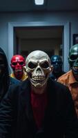 Man wearing a skull mask in a dark hallway with other masked figures photo
