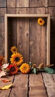 Fall Floral Arrangement with Empty Wooden Frame on Rustic Background photo