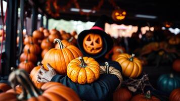 Pumpkin Person Hiding in a Pile of Pumpkins photo