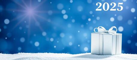 New Year's Gift Box with Snow and Bokeh Background photo