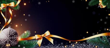 Festive Christmas Ornament with Golden Ribbon and Snowflakes on Black Background photo