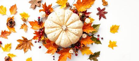 White Pumpkin with Autumn Leaves and Berries on White Background photo