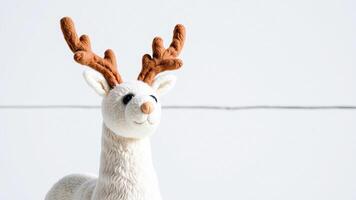 Plush Reindeer Toy with White Fur and Brown Antlers on White Background photo