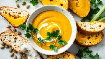 calabaza sopa con agrio crema y tostado un pan foto