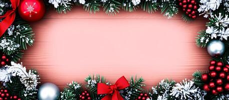 Christmas Background with Pine Branches, Snow, Red Ornaments and a Bow photo