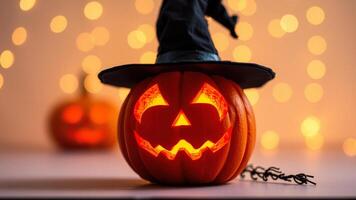Jack-o'-lantern with a Witch Hat in front of Festive Bokeh Lights photo