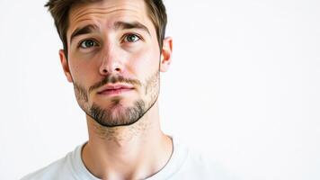 Close-up portrait of a young man with a serious expression, looking directly at the camera. photo
