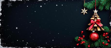 Christmas background with wooden tree and red ornaments on black background photo