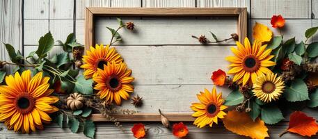Autumn Floral Arrangement with Wooden Frame photo