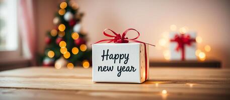 Christmas gift box with red ribbon and Happy New Year inscription on wooden table with blurry background of Christmas tree with lights photo