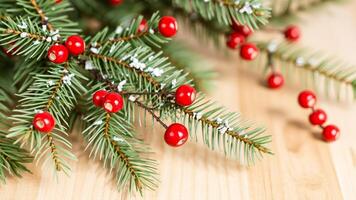 Festive Christmas Branch with Red Berries and Snow photo