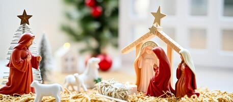 Nativity Scene with Christmas Tree and Star photo