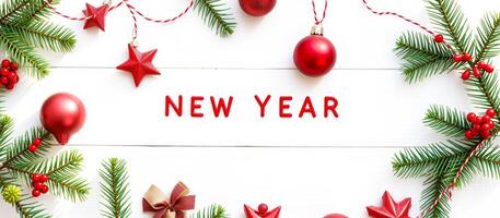 New Year Festive Background with Red Ornaments and Pine Branches photo