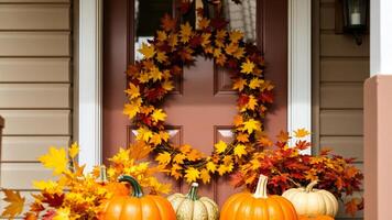 Autumnal Doorway with Pumpkins and Fall Foliage photo