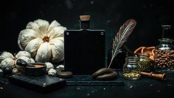 Dark and Moody Still Life with Black Bottle, Snake and Feather photo