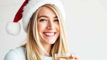 Cheerful Young Woman Wearing Santa Hat and Holding a Drink photo
