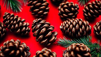 Pine Cones and Fir Branch on Red Background photo
