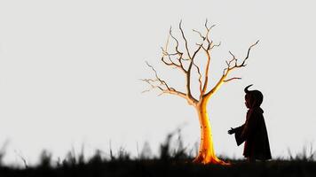 Silhouette of a Child Dressed as a Devil Standing in Front of a Glowing Tree photo
