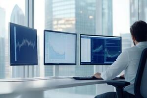 A financial analyst working in a modern office, analyzing market data on multiple computer screens. photo