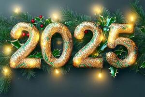 Golden 2025 numbers are illuminated with festive lights and surrounded by pine branches, holly leaves, and berries photo