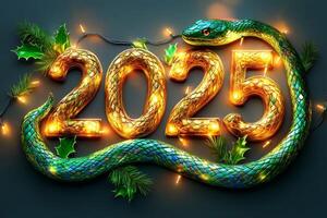 The golden numbers 2025 are intertwined with a shimmering green snake, surrounded by twinkling holiday lights photo