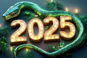 The bold golden numbers 2025 are intertwined with a sleek green and gold snake photo