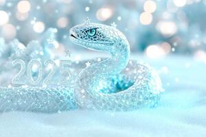 A shimmering silver snake adorned with stars, coiled around sparkling 2025 numbers, set in a frosty, icy-blue setting photo