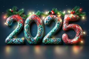 The bold numbers 2025 feature a colorful, scaly texture resembling a snake, decorated with pine branches photo