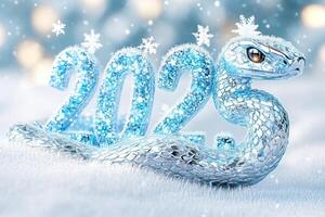 An icy silver snake coiled around glittering blue 2025 numbers adorned with snowflakes, set in a frosty winter scene photo