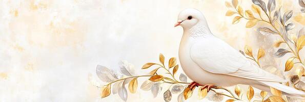 A graceful white dove perched on a branch with golden and silver leaves against a soft, textured background photo