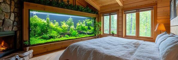 A rustic-style bedroom featuring a large wooden-framed aquarium filled with moss and aquatic plants photo